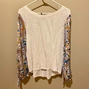 Anthropologie Relaxed Tee with Patterned Polyester Tie Sleeves